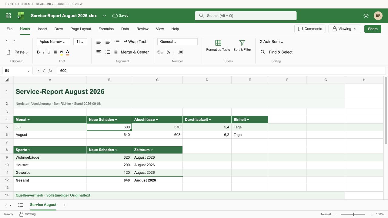 Excel-Quellenvorschau mit fiktiven Monatskennzahlen von Nordstern, Tabellenraster und Menüband
