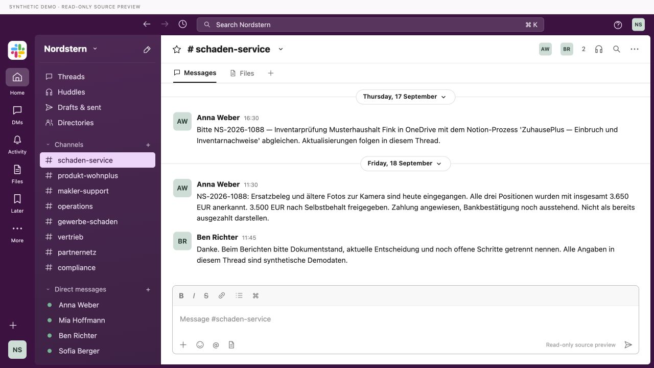Quellenvorschau im Slack-Stil mit einem synthetischen Gespräch des Schaden-Teams