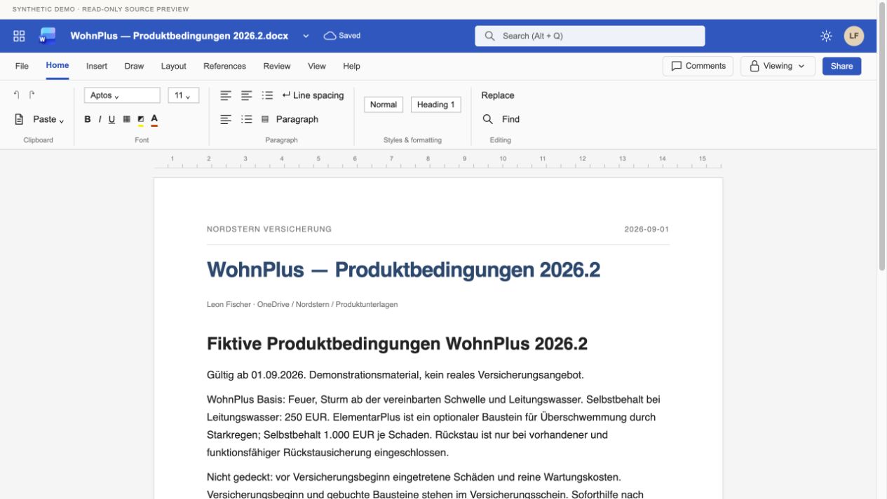 Word-Quellenvorschau der fiktiven WohnPlus-Produktbedingungen mit Menüband und Dokumentseite